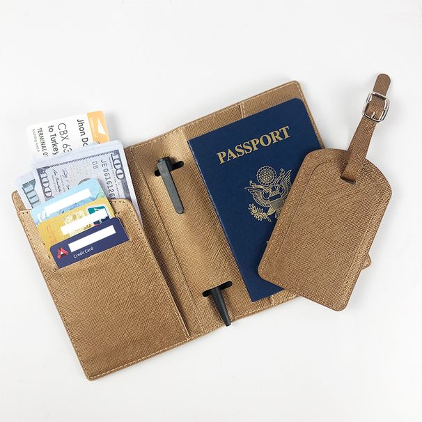 Passport Covers Multi Function With Pen Holder And Thread Oil Edge PU Leather Cross Pattern Passport Cover Luggage Tag Set_viptrois.com