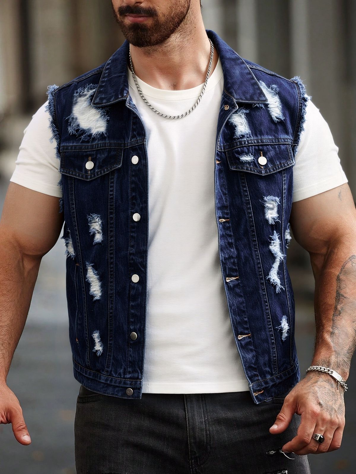 Men's Denim Collared Jacket Style High Street Trendy Ripped Solid Color Short Sleeved Versatile Jacket_viptrois.com