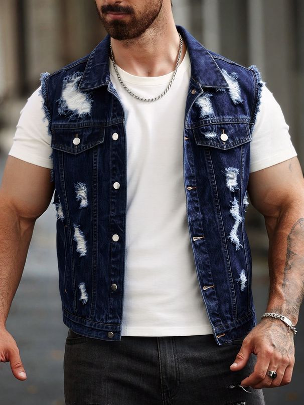 Men's Denim Collared Jacket Style High Street Trendy Ripped Solid Color Short Sleeved Versatile Jacket_viptrois.com