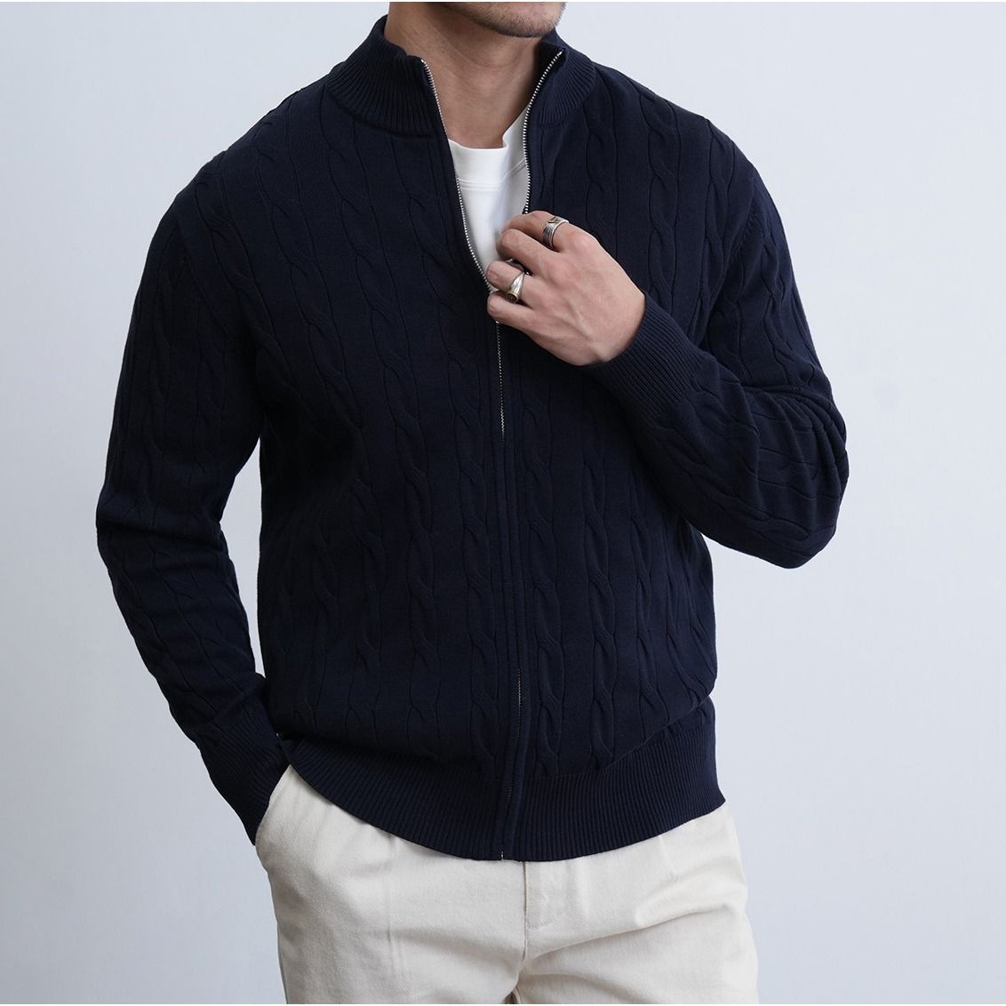 Men's Clothing Jacquard Stand Collar Autumn/Winter Jacquard Knit Cardigan – Slim Fit Stand Collar, British-Inspired Textured Sweater Coat_viptrois.com