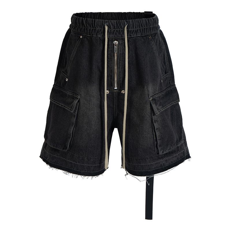 Men's Clothing Retro Raw Edge Wide Leg Drawstring Washed Denim Shorts For Boys Summer Trendy All Match Straight Five Point Pants_viptrois.com