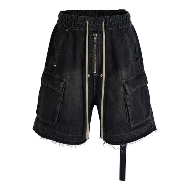 Men's Clothing Retro Raw Edge Wide Leg Drawstring Washed Denim Shorts For Boys Summer Trendy All Match Straight Five Point Pants_viptrois.com