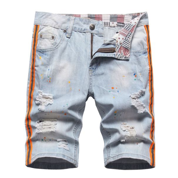 Man's clothing Men's pants fluorescent color-changing webbing hand-painted color paint spot holes light blue straight leg jeans men_viptrois.com