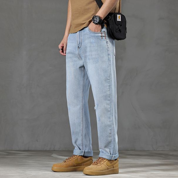 New Spring Jeans Men's Harlan Loose American Retro Washed Holes Sky Blue Large Size Elastic Small Feet K11 Denim Eight Barrels Xiansen Zhi Clothes_viptrois.com