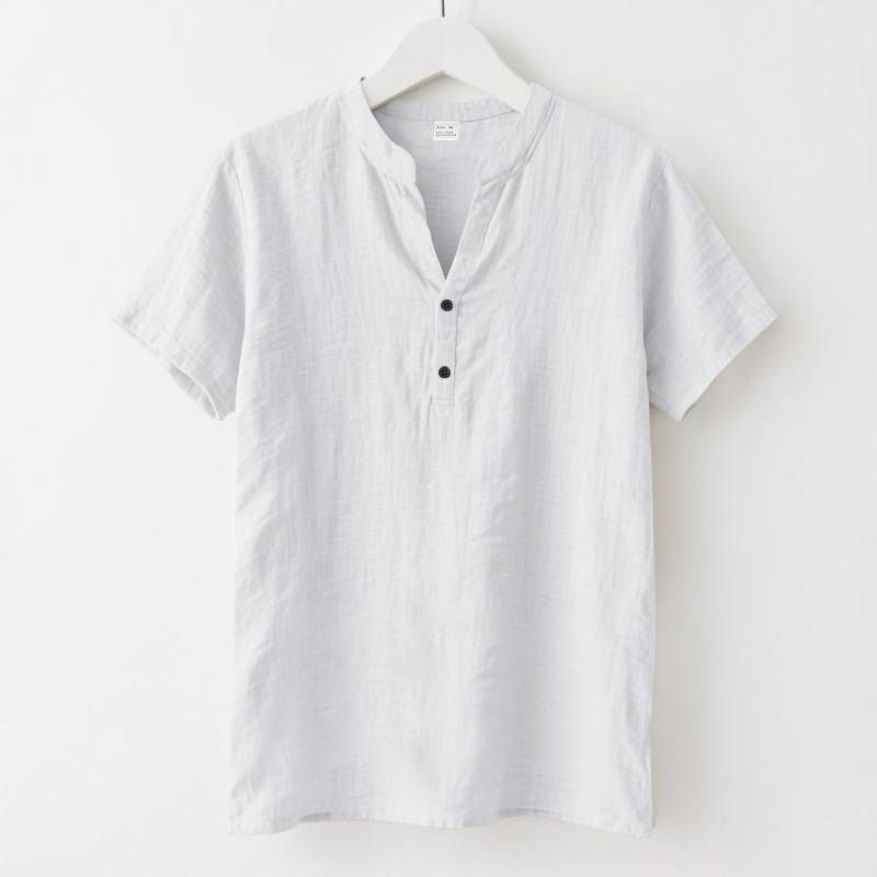 Summer European And American Men's Casual Loose Shirts, Trendy Stand-up Collar Linen Short-sleeved Solid Color Shirts, Plus-size Men's Wear_viptrois.com