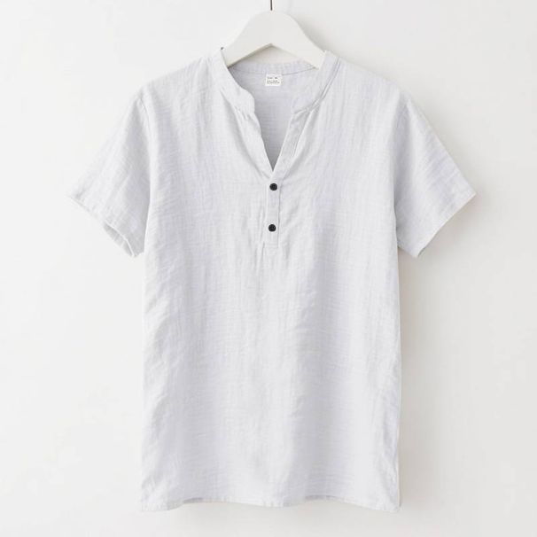 Summer European And American Men's Casual Loose Shirts, Trendy Stand-up Collar Linen Short-sleeved Solid Color Shirts, Plus-size Men's Wear_viptrois.com