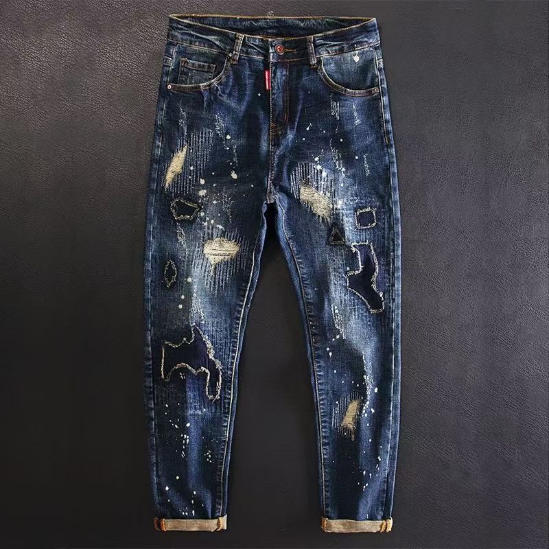 2023 Spring And Autumn New Style D2 Trendy Men's Washed Frayed Hole Patch Paint Elastic Slim Straight Blue Jeans For Men_viptrois.com