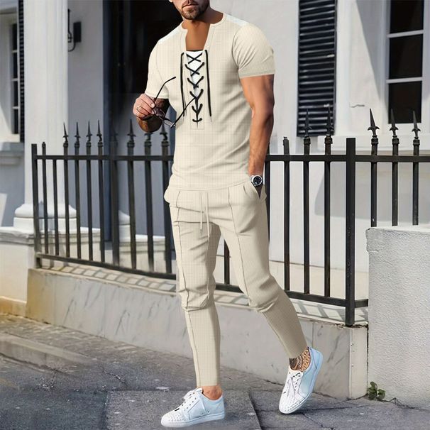 Men's Spring/Summer Waffle Knit Round Collar Casual Suit Short Sleeved Trousers Drawstring Detail New Style_viptrois.com