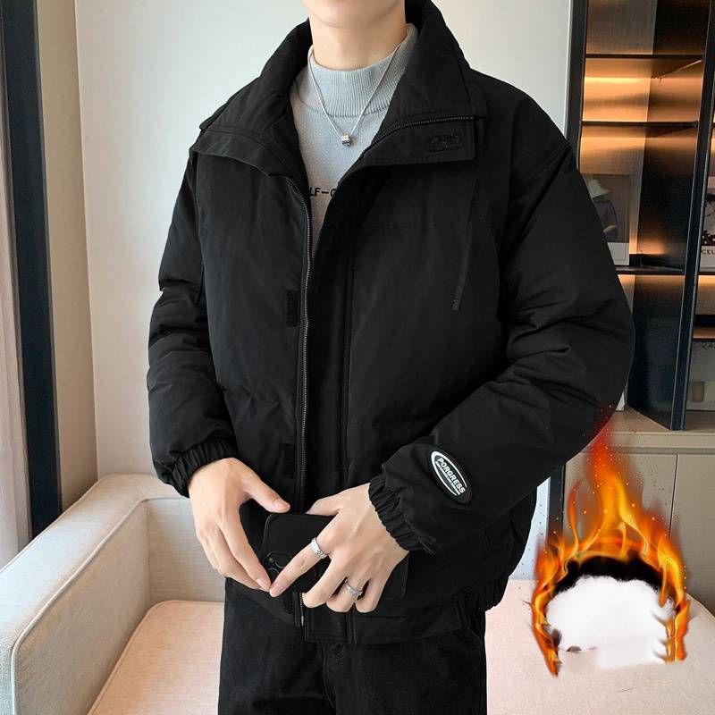 Men’s Fleece-Lined Winter Jacket – Thickened Polyester, Stand Collar, Slim Fit (M-3XL, Black/Coral Green/Moss Green)_viptrois.com