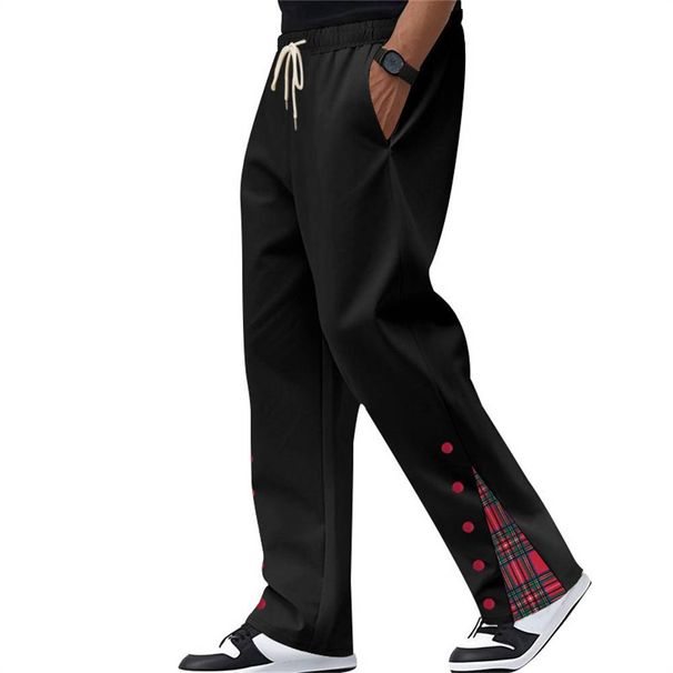 2025 Fashion Sweatpants Slacks Men's 100% Polyester Mid Waist Lace-Up Splicing Straight Type Casual Sport Long Pants_viptrois.com