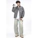 Men's Spring And Autumn New Checkered Jacket, Workwear Jacket, Trendy Baseball Jacket, Versatile Stand Up Collar Top_viptrois.com