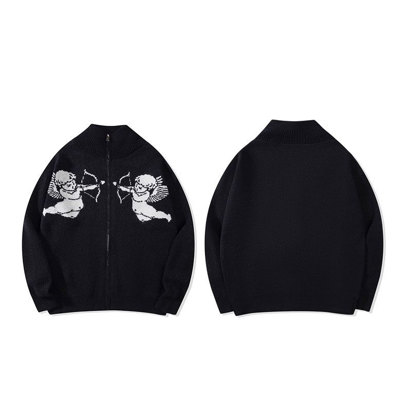 Men's Clothing Trendy Lazy Zipper Knit Cardigan Jacquard Cupid Sweater Oversized Zip-Up Knit Cardigan Jacquard Design Crewneck Pullover For Teens_viptrois.com