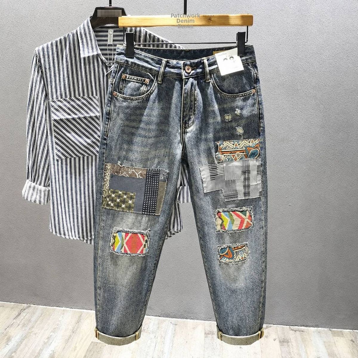 Vintage Washed Denim Jeans For Men, Embroidered & Patchwork Design, Relaxed Straight Leg Trousers With Retro Style_viptrois.com