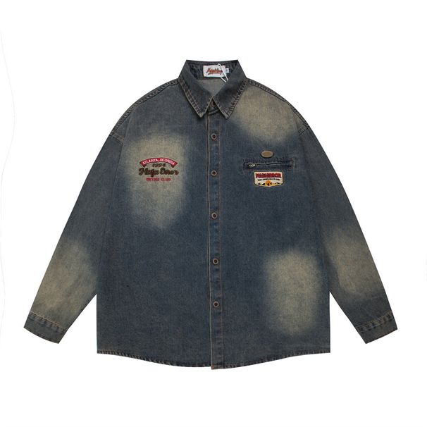 Punk Vintage Wash Gradient Denim Jacket, Trendy American Design, Embroidered Letters, Loose Jacket For Men, Autumn_viptrois.com
