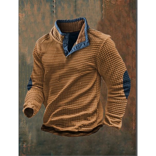 Pulse 2025 Spring New Waffle Men's Color-Block Collar Button Long Sleeve Casual Sweatshirt_viptrois.com