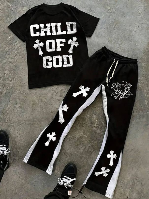 Hip-hop Punk Dark Style Men's Clothing Casual Fashion Suit Short Sleeved Shorts Two Piece Suit_viptrois.com