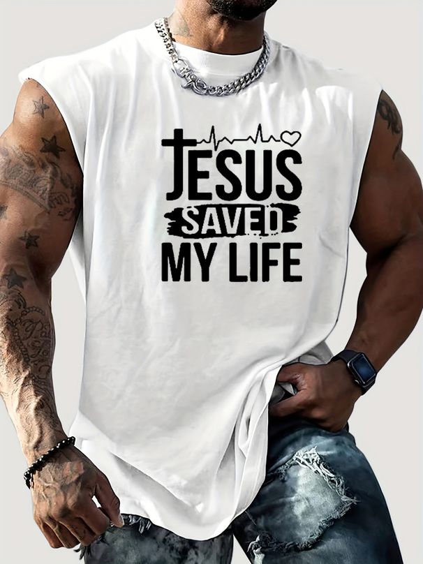 100% Pure Cotton Men's Summer Casual Sports Fitness Loose JESUS Letter Pattern Printed Breathable Round Neck Sleeveless Vest_viptrois.com