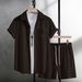Men's Clothing Solid Color Corduroy Short Sleeved Shirt Shorts Fashion Sports Leisure Suit_viptrois.com