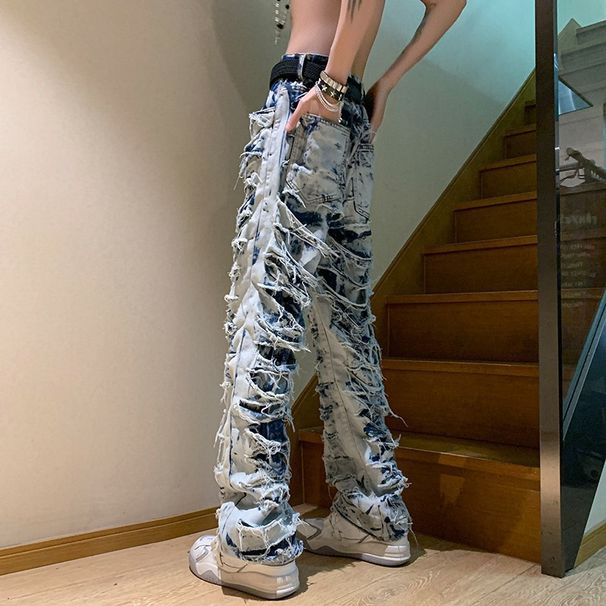 American Style High Street Erosion Damaged Fur Edge Vintage Jeans Men's Trendy Straight Leg Slimming Micro Flared Pants_viptrois.com
