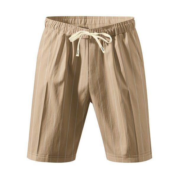 Men's Trendy Loose Beach Linen Drawstring Shorts Breathable Vertical Striped Jacquard 5 Point Cross Border Summer American Style_viptrois.com