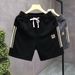 Men's European Style Casual Shorts Embroidered Trendy Summer Five Point Black Polyester mid Waist Baggy Sports Beach Pants_viptrois.com