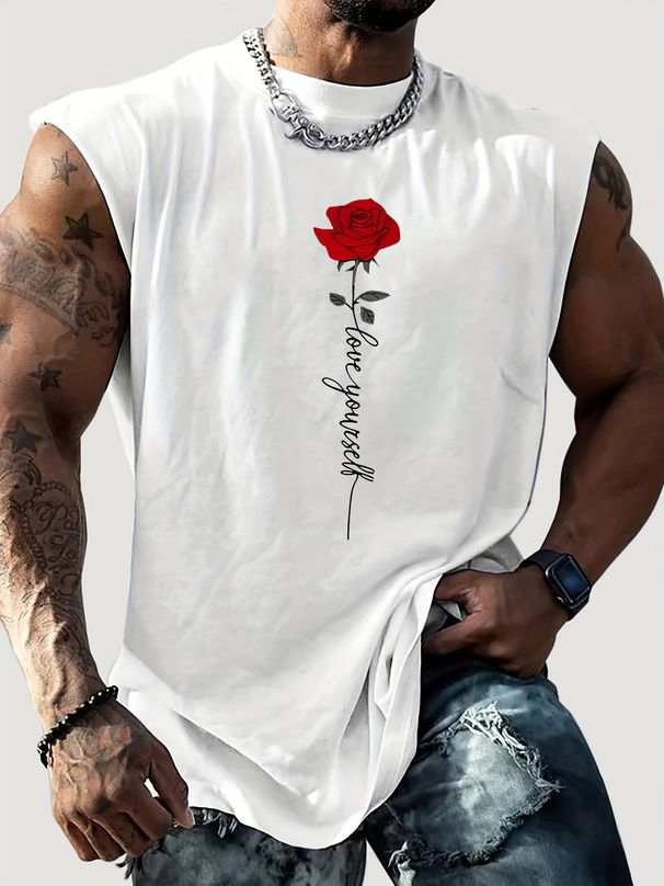 100% Pure Cotton Men's Summer Casual Sports Fitness Loose Cross Rose Pattern Printed Breathable Round Neck Sleeveless Vest_viptrois.com