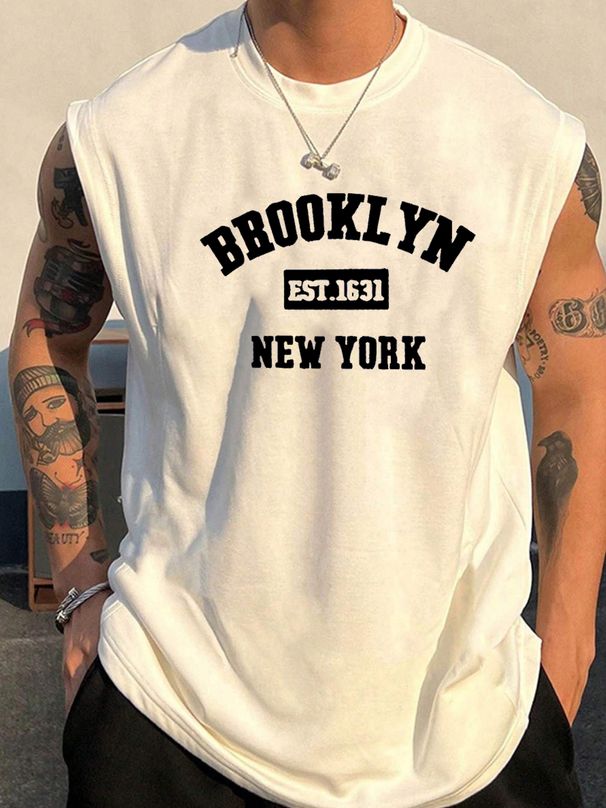 100% Pure Cotton Men's Summer Casual Sports Fitness Loose Brooklyn Letter Print Breathable Round Neck Sleeveless Vest_viptrois.com