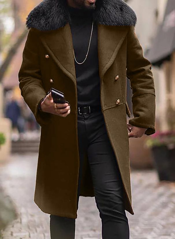 Men's Clothing Casual Large Fur Collar Woolen Coat Foreign Trade Solid Color Double Breasted Men's Woolen Coat Warm_viptrois.com