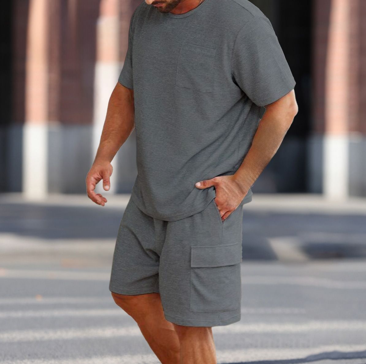 Men's Clothing Solid Color Round Neck T Shirt Shorts Men's Summer Suit_viptrois.com