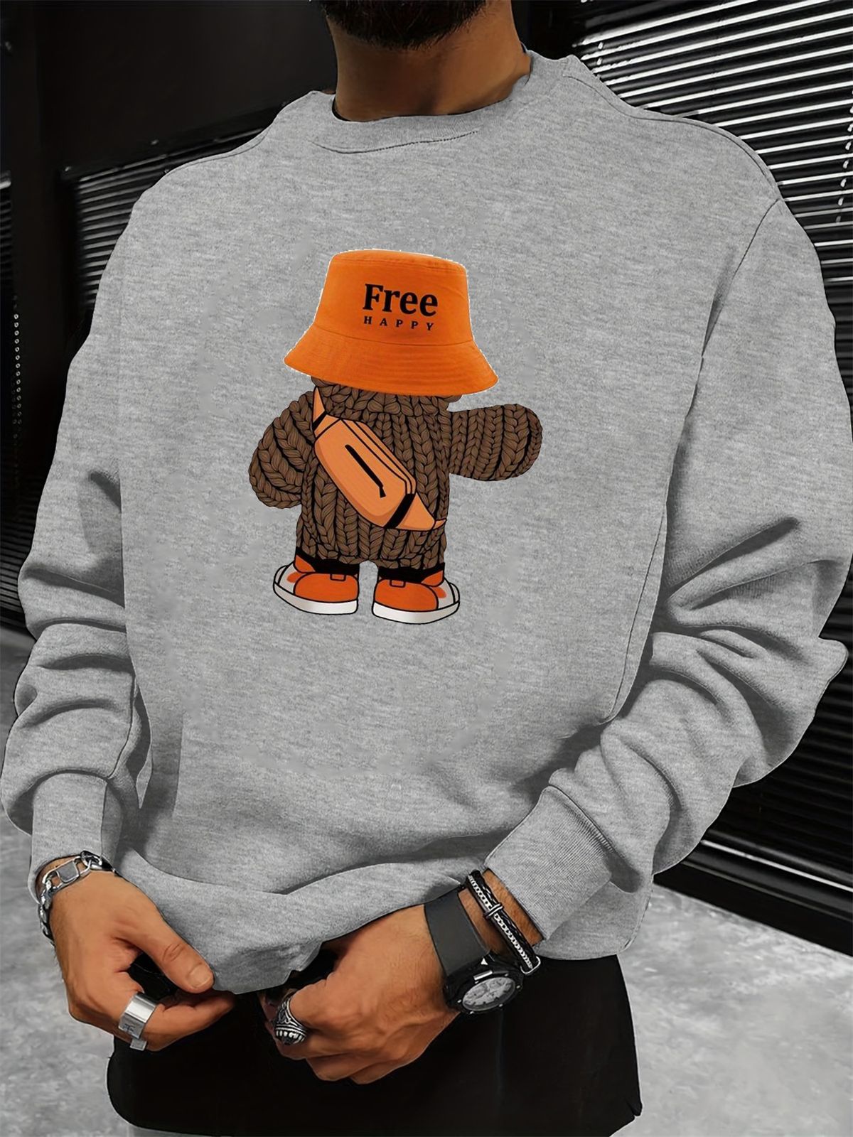 Men's Loose Casual Fashionable Cartoon Bear Pattern Printed Round Neck Long Sleeved Sportswear For Autumn And Winter_viptrois.com