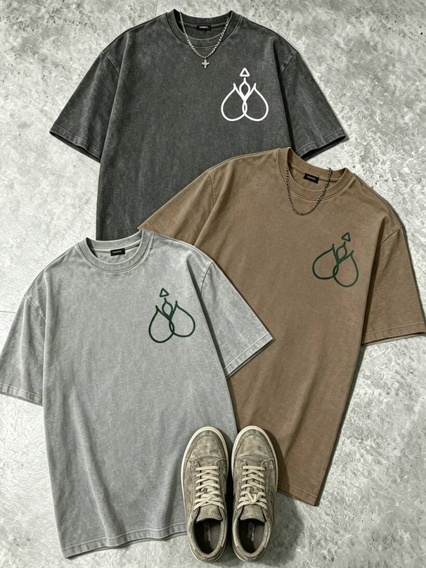 100% Cotton Washed Vintage Men's 3-Pack T-shirts Abstract Teardrop Monogram Print Crew Neck Short Sleeve Casual Tops In Gray Brown Light Gray_viptrois.com