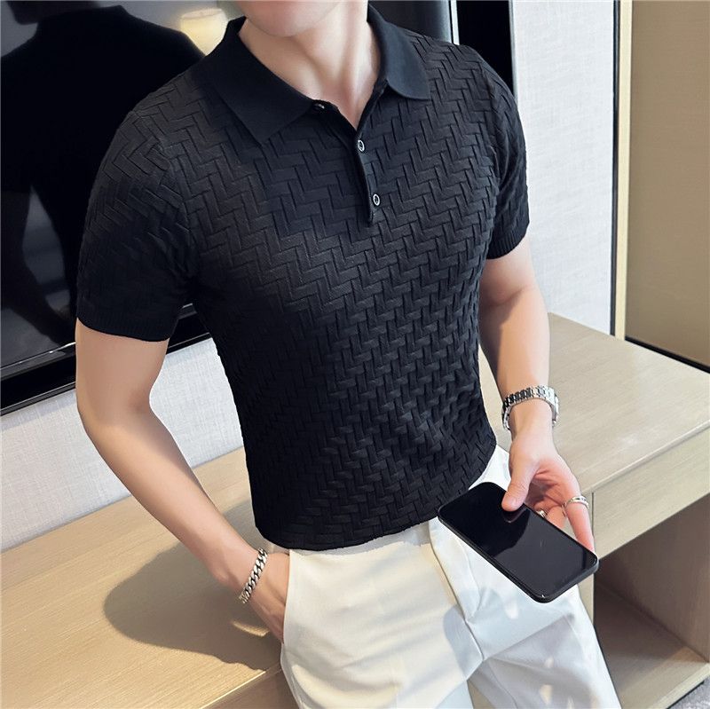 Men's Summer New Arrival Short Sleeve Polo Shirt Thin Ice Silk Collared Plaid Stretch Cotton T-Shirt_viptrois.com