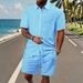 Men's Summer Casual Short Sleeved Shorts Suit Solid Color Pattern Towel Jacquard Cloth_viptrois.com