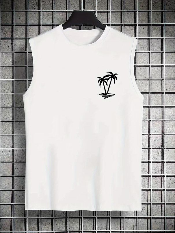 100% Pure Cotton Men's Summer Leisure Sports Fitness Loose Coconut Tree Print Breathable Round Neck Sleeveless Vest_viptrois.com