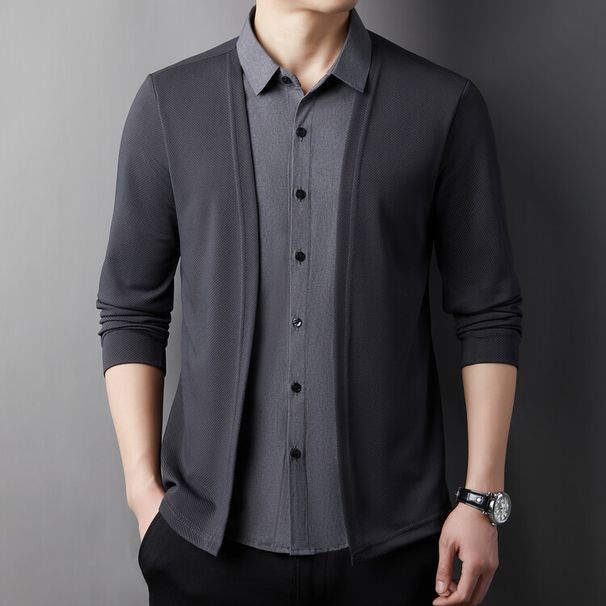 K New Fake Two-piece Shirt Collar T-shirt Knitted Cardigan Casual Business Hoodie Jacket Men's Clothing_viptrois.com