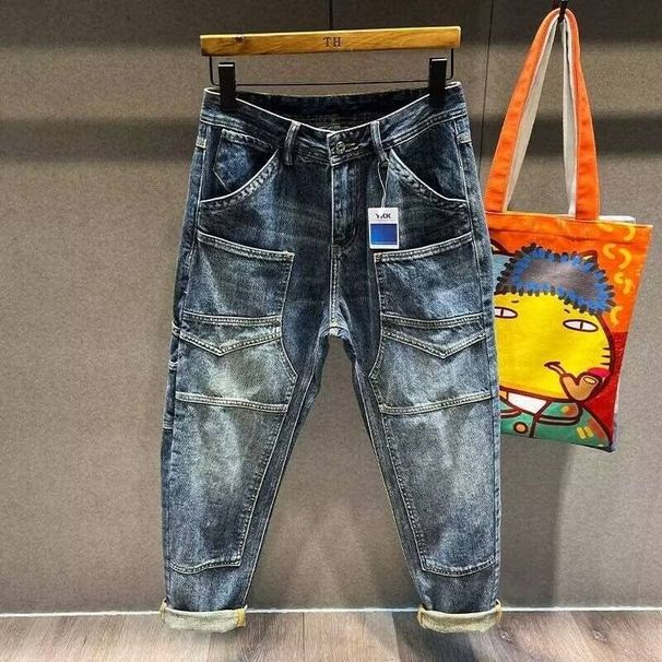 Men's Clothing Workwear Jeans Loose Retro High Street Straight Leg Pants Multiple Pockets Vintage Washed Denim Comfortable Stretch Casual Streetwear_viptrois.com