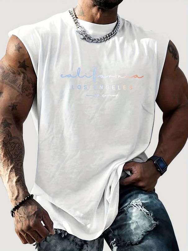 100% Pure Cotton Men's Summer Casual Sports Fitness Loose Los Angeles Letter Pattern Printed Breathable Round Neck Sleeveless Vest_viptrois.com