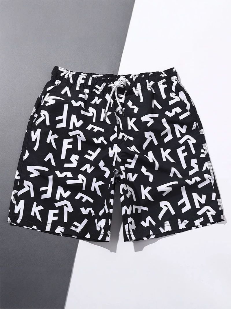 Men's Summer Streetwear Letter Print Shorts Loose Fit Casual 5-Inch Inseam Straight Leg Beach Shorts_viptrois.com