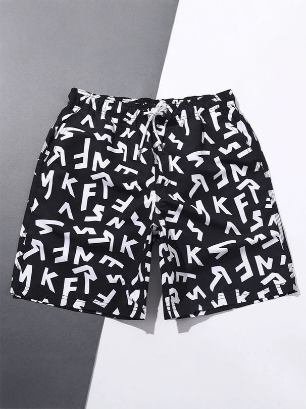 Men's Summer Streetwear Letter Print Shorts Loose Fit Casual 5-Inch Inseam Straight Leg Beach Shorts_viptrois.com