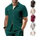 Men's Clothing Waffle Short Sleeved Casual Solid Color Lapel Button Pocket Versatile Shirt_viptrois.com