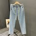 Men's Elastic Waist Jeans, Thin Summer Loose Fit Straight Leg Nine-Part Wide Leg Casual High Street Retro Trousers_viptrois.com