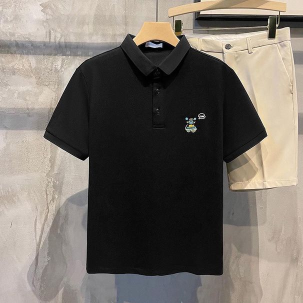 Men's Clothing Men's Embroidered Abstract Bear Collar Short Sleeve T-Shirt Summer Casual Versatile Top For Formal & Casual For Women_viptrois.com