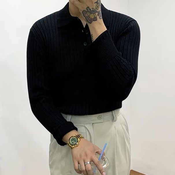 Men's Clothing Autumn Polo Shirt Lapel Sweater Long Sleeve Solid Color Inner Wear Knitted Bottoming Shirt Top_viptrois.com