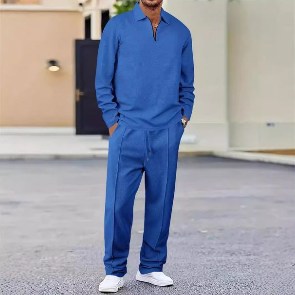 Men's Clothing Spring And Autumn Solid Color Waffle Lapel Zipper Long Sleeved Trousers Casual Suit_viptrois.com