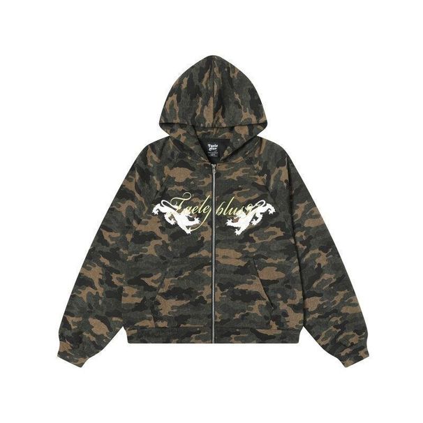 Men's Hip Hop Camouflage Distressed Cardigan Hoodie Autumn 2025 New Style Cool American Retro Jacket for Men_viptrois.com