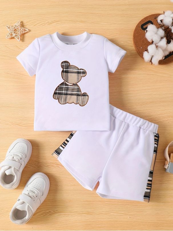 Cross Border INS Infant And Young Boy Summer Style Bear Print Short Sleeved Top Splicing Plaid Shorts Suit_viptrois.com