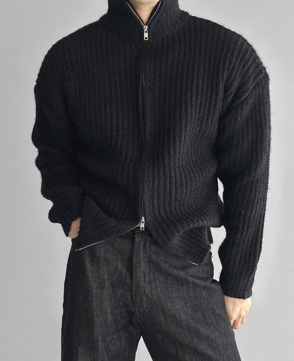 American Style Double Zipper Stand Knitted Cardigan Men's Ribbed Slim Fit Sweatshirt Mid-High Collar Woolen Sweater_viptrois.com