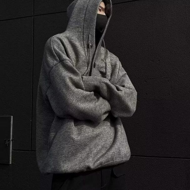 Retro Grey Hooded Sweater Men's Autumn And Winter Casual Versatile Knitted Sweater_viptrois.com