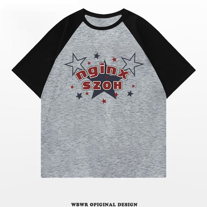 American Street Star Printed Pure Cotton Short Sleeved Summer Ins Trendy Brand Loose Splicing Contrasting Color Top_viptrois.com
