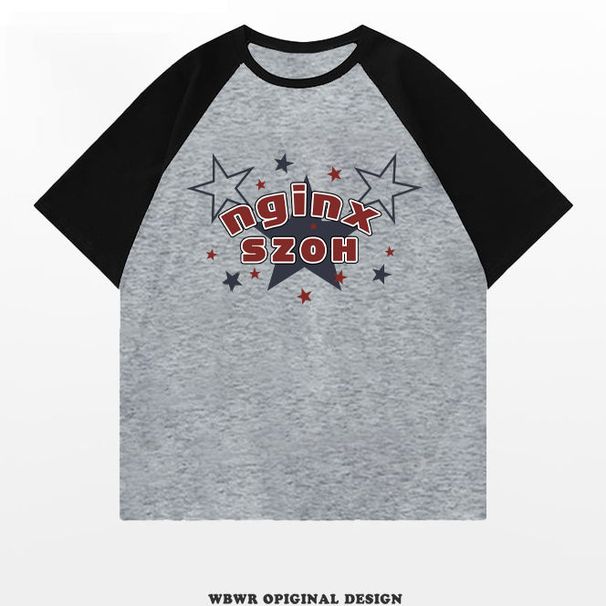 American Street Star Printed Pure Cotton Short Sleeved Summer Ins Trendy Brand Loose Splicing Contrasting Color Top_viptrois.com